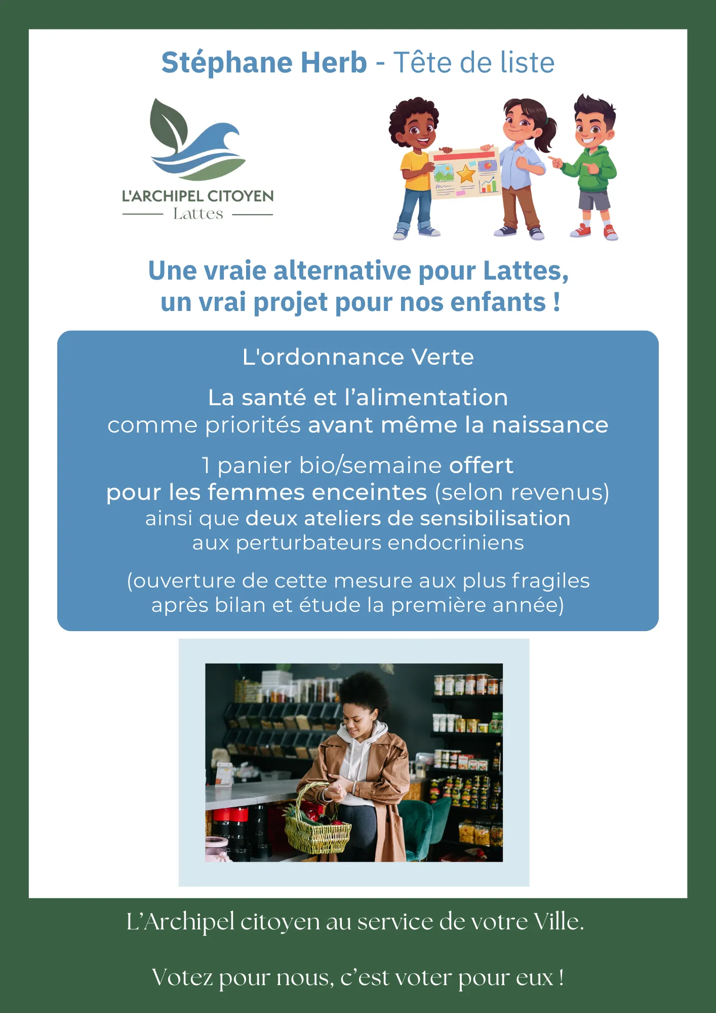 L'ordonnance Verte - La santé et l'alimentation comme priorités avant même la naissance - 1 panier bio/semaine offert pour les femmes enceintes (selon revenus) ainsi que deux ateliers de sensibilisation aux perturbateurs endocriniens