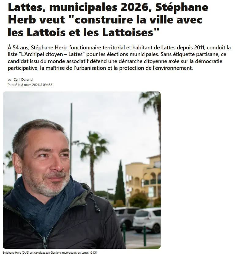 Article Hérault Tribune du 8 mars 2026 - Lattes, municipales 2026, Stéphane Herb veut "construire la ville avec les Lattois et les Lattoises"