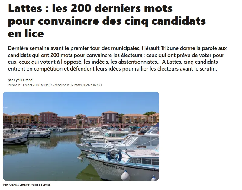 Article Hérault Tribune du 11 mars 2026 - Lattes, municipales 2026, les 200 derniers mots pour convaincre des cinq candidats en lice