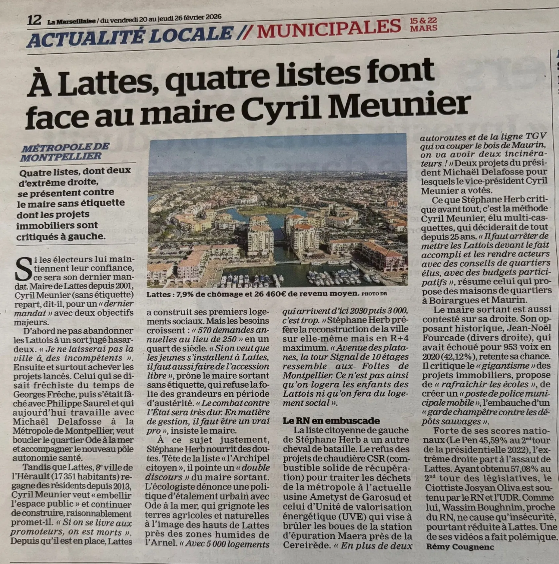 Article La Marseillaise du 19 février 2026 - À Lattes, quatre listes font face au maire Cyril Meunier