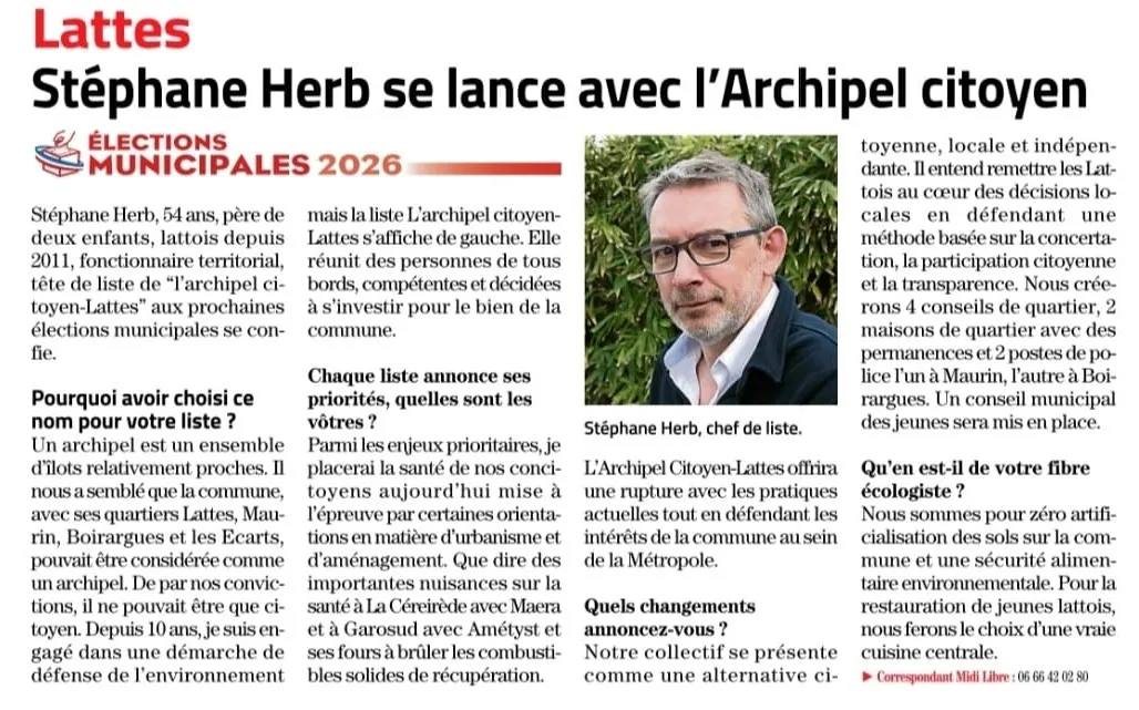 Article Midi Libre du 17 février 2026 - Stéphane Herb se lance avec l'Archipel citoyen